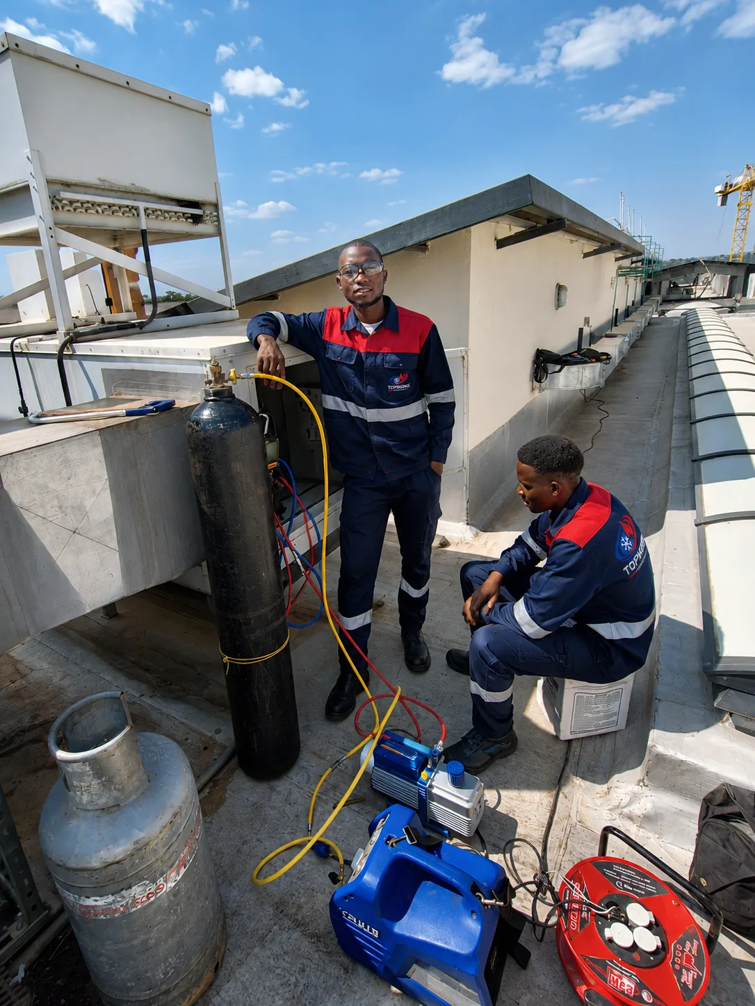 Topworks technicians servicing rooftop HVAC equipment
